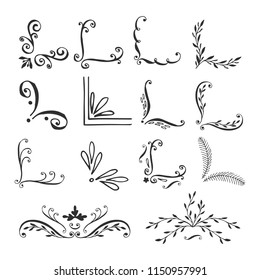 Set of calligraphic hand drawn corners and dividers. Vector isolated decorative elements. Elegant floral style.