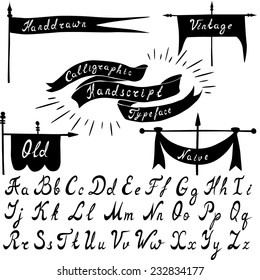 Set of calligraphic handdrawn font and vintage banners. Vector illustration.