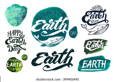 conjunto de inscrições caligráficas manuscritas. Saudações Feliz Dia da Terra! fundo aquarela. modelos de impressão, logotipo do selo. Baleias marinhas. Greenpeace, natureza, ecologia, mundo, elemento de design, arte, vetor