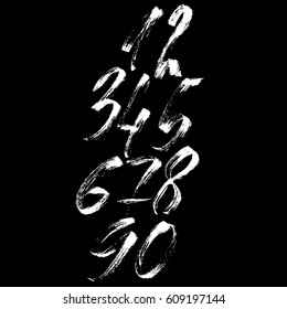 Set of calligraphic ink numbers. Dry brush lettering. Vector illustration.