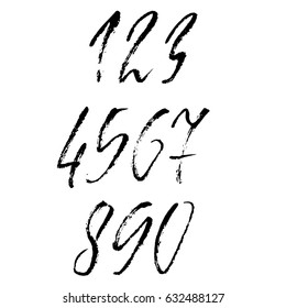 Set of calligraphic ink numbers. Dry brush lettering. Vector illustration.