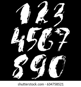 Set of calligraphic ink numbers. Dry brush lettering. Vector illustration.