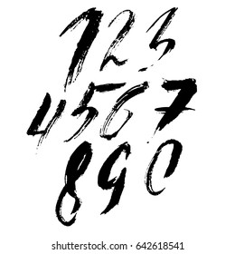 Set of calligraphic ink numbers. Dry brush lettering. Vector illustration.