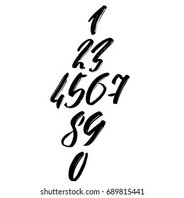 Set of calligraphic ink numbers. Dry brush lettering. Vector illustration.