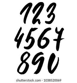 Set of calligraphic ink numbers. Textured brush lettering. Vector illustration.