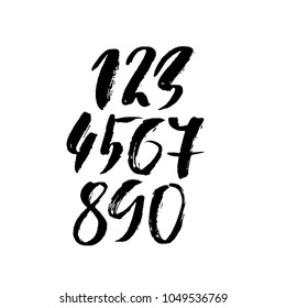 Set of calligraphic ink numbers. Textured dry brush lettering. Vector illustration.