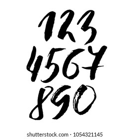 Set of calligraphic ink numbers. Textured brush lettering. Vector illustration.