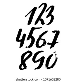 Set of calligraphic ink numbers. Textured brush lettering. Vector illustration.