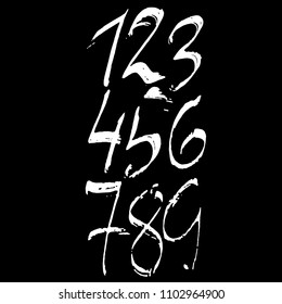 Set of calligraphic ink numbers. Textured brush lettering. Vector illustration.