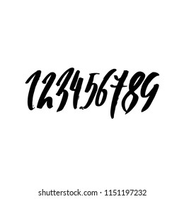 Set of calligraphic ink numbers. Textured dry brush lettering. Vector illustration.