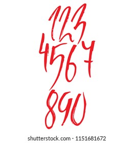 Set of calligraphic ink numbers. Textured dry brush lettering. Vector illustration.