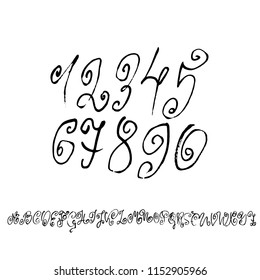Set of calligraphic ink numbers. Textured dry brush lettering. Vector illustration.