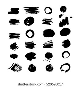 Set of calligraphic ink textures. Brush strokes, dots, stains. Vector image.