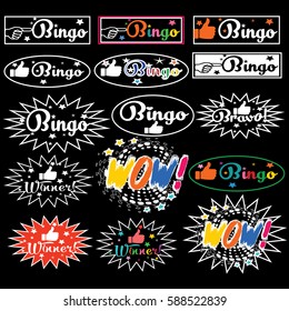 Set of calligraphic isolated lettering. Bingo, winner, wow, bravo calligraphy vector  decorative text for cards, icons,  posters,banners,  postcards and typography.