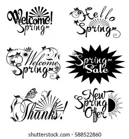 Set of calligraphic isolated lettering. Hello Spring, welcome spring, Spring sale, New spring offer  calligraphy vector  decorative text for cards, icons,  posters,banners,  postcards and typography.