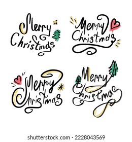 Set of calligraphic lettering Merry Christmas. Beautiful black font with swirls and colored elements. Design template for invitations, postcards, clothes. Isolated background. Vector