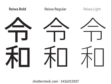 Set of calligraphic logos of “Reiwa”, Japanese new era name since May 2019. Vector illustration isolated on a white background. (Text translation: There is no specific meaning in the era name.)