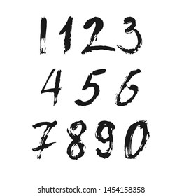 Set of calligraphic numbers painted by black  brush on isolated white background. Lettering for your design. Vector illustration