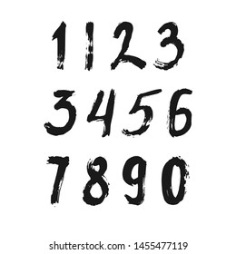 Set of calligraphic numbers painted by black  brush on isolated white background. Lettering for your design. Vector illustration