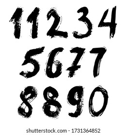 Set of calligraphic numbers painted by black  brush on isolated white background. Lettering for your design. Vector illustration