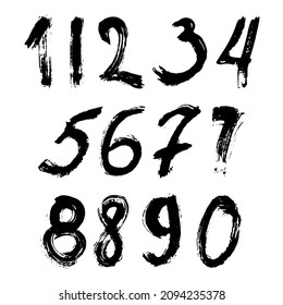 Set of calligraphic numbers painted by black  brush on isolated white background. Lettering for your design. Vector illustration