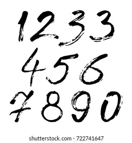Set of calligraphic numbers painted by black brush on isolated white background. Lettering for your design. Vector illustration.