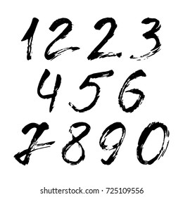 Set of calligraphic numbers painted by black brush on isolated white background. Lettering for your design. Vector illustration.