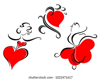 Set of calligraphic patterns with hearts. EPS10 vector illustration