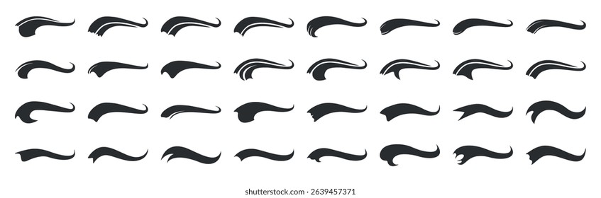 A set of calligraphic strokes to emphasize Swoosh in retro style. Sports symbol typography font, typographic elements.Vector tail letters for baseball, soccer design.