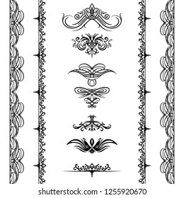 Set of calligraphic strokes and seamless borders. The object is separate from the background. Vector element for cards, invitations and your design.