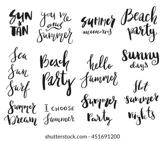 Set of calligraphic summer theme sayings in stickers, badges. Isolated vector illustrations on white background. Design for card, poster, tshirt. Beach party, Summer memories, Hello Summer quotes. 