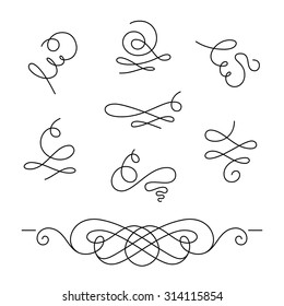 Set of calligraphic swirls and dividers, decorative design elements, simple swirls and flourishes on white, vector scroll embellishment in retro style