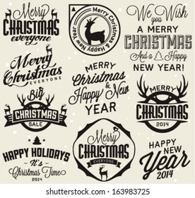 Set of Calligraphic and Typographic Christmas and New Year Badges and Symbols for Greeting Cards, Invitations and Postcards in Vintage Style. Vector Illustrations.
