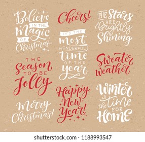 Set of calligraphic and typographic elements for for invitation, greeting card, tags, prints and posters. Vector holidays lettering. Christmas and New Year collection 