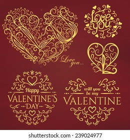Set of Calligraphic Valentines Day design elements and Quotes. Vector illustration.