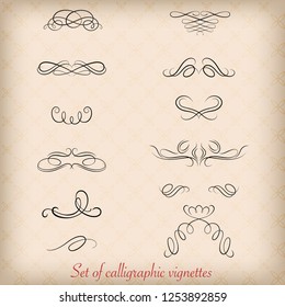 Set of calligraphic vignettes, text dividers. Seamless decorative pattern as a background. Swatch is included in EPS file.