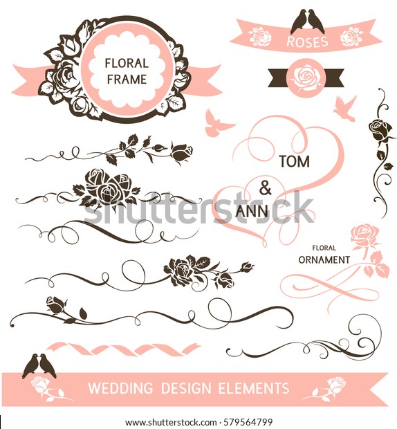 Set of calligraphic wedding design elements.\
Vector decorative hearts and\
flowers