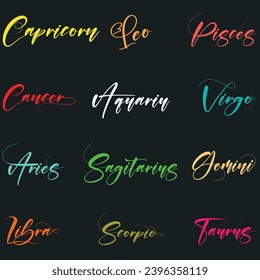 set calligraphic zodiac names, set zodiac name hand lettering, Handwritten set of vector zodiac signs names, Hand drawn Astrology Latin name letters,.eps8