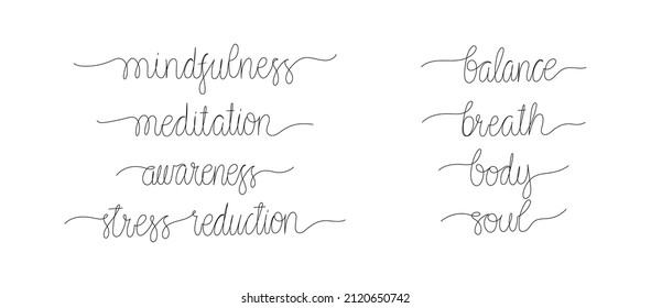 Set of calligraphy about awareness. One continuous cursive mono line words. Hand drawn vector isolated on white background.