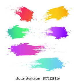 Set of calligraphy brush strokes of different shapes rainbow gradient stripes on a white background.