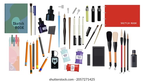 Set of calligraphy. Collection of writing instruments, nib, pen, pencil. Brushes, notebooks, set of schoolchildren, things for drawing. Cartoon flat vector illustration isolated on white background