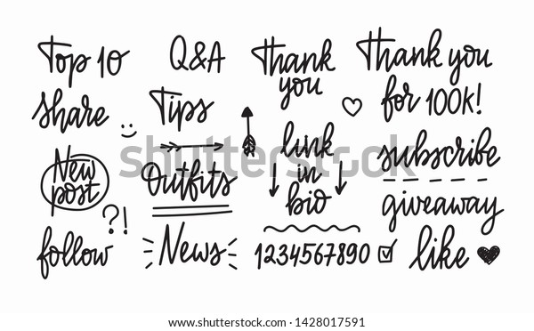 Set of calligraphy doodle words and\
page dividers for social media highlights and\
posts