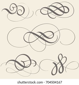 Set Of Calligraphy Flourish Art With Vintage Decorative Whorls For Design On Beige Background. Vector Illustration EPS10