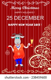Set calligraphy greeting text Christmas and New Year tree with a goat and a glass of champagne