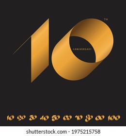 Set of calligraphy handwriting celebrating, anniversary of number 10-100th year anniversary, Luxury duo tone gold brown for invitation card, backdrop, label or stationary.