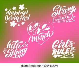 Set calligraphy icons and stickers "Happy Women's Day". Lettering for poster, background, postcard, banner, window. Print on cup, bag, shirt, package, balloon Vector Illustration eps 10