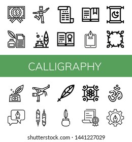 Set of calligraphy icons such as Certificate, Quill, Zumba, Feather, Fountain pen, Islam, Floral design, Inkwell, Capoeira, Feathers, Om , calligraphy