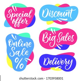 Conjunto de etiquetas caligráficas. Etiquetas vectoriales modernas para compras, comercio electrónico, promoción de productos, etiquetas de medios sociales, marketing. Venta de Oferta Especial de Envío. 