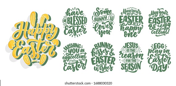 Set with calligraphy lettering slogans about Easter for flyer and print design. Vector illustration. Templates for banners, posters, greeting postcards.