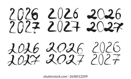 Set of calligraphy numbers 2026, 2027 written by hand in ink, grunge vintage numbers New Year 2026, various options for the New Year 2026 typographic design elements, New Year concept, brush lettering
